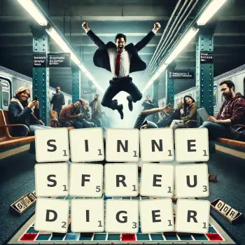 Kreative Illustration für ein Scrabble-Spiel, bei dem das Wort SINNESFREUDIGER mit Steinen auf dem Brett gelegt wurde.