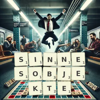 Kreative Illustration für ein Scrabble-Spiel, bei dem das Wort SINNESOBJEKTE mit Steinen auf dem Brett gelegt wurde.