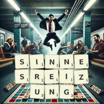 Kreative Illustration für ein Scrabble-Spiel, bei dem das Wort SINNESREIZUNG mit Steinen auf dem Brett gelegt wurde.