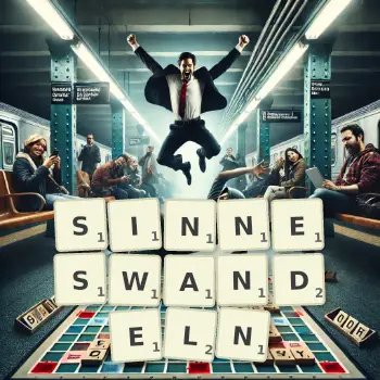 Kreative Illustration für ein Scrabble-Spiel, bei dem das Wort SINNESWANDELN mit Steinen auf dem Brett gelegt wurde.