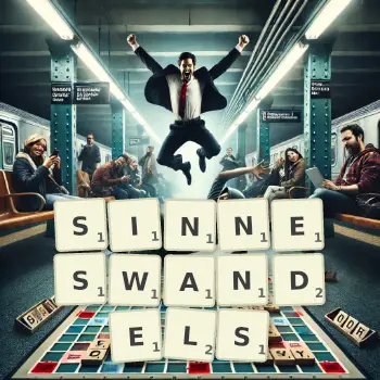 Kreative Illustration für ein Scrabble-Spiel, bei dem das Wort SINNESWANDELS mit Steinen auf dem Brett gelegt wurde.