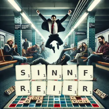 Kreative Illustration für ein Scrabble-Spiel, bei dem das Wort SINNFREIER mit Steinen auf dem Brett gelegt wurde.