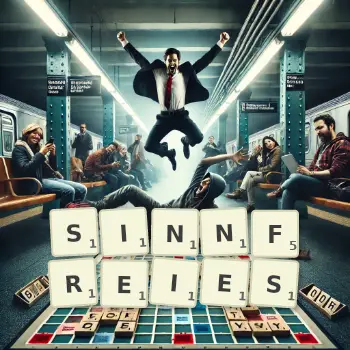 Kreative Illustration für ein Scrabble-Spiel, bei dem das Wort SINNFREIES mit Steinen auf dem Brett gelegt wurde.