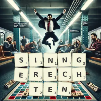 Kreative Illustration für ein Scrabble-Spiel, bei dem das Wort SINNGERECHTEN mit Steinen auf dem Brett gelegt wurde.