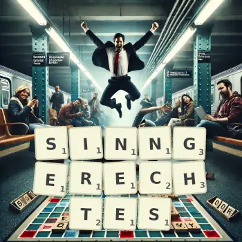 Kreative Illustration für ein Scrabble-Spiel, bei dem das Wort SINNGERECHTES mit Steinen auf dem Brett gelegt wurde.