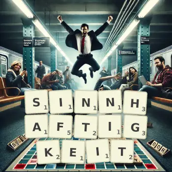 Kreative Illustration für ein Scrabble-Spiel, bei dem das Wort SINNHAFTIGKEIT mit Steinen auf dem Brett gelegt wurde.