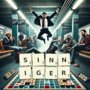 Kreative Illustration für ein Scrabble-Spiel, bei dem das Wort SINNIGER mit Steinen auf dem Brett gelegt wurde.
