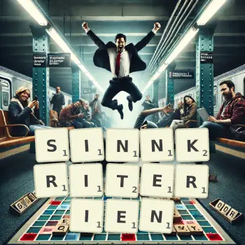 Kreative Illustration für ein Scrabble-Spiel, bei dem das Wort SINNKRITERIEN mit Steinen auf dem Brett gelegt wurde.