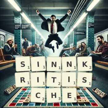 Kreative Illustration für ein Scrabble-Spiel, bei dem das Wort SINNKRITISCHE mit Steinen auf dem Brett gelegt wurde.