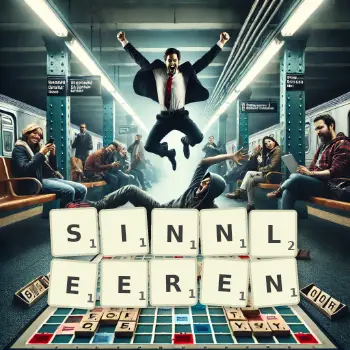 Kreative Illustration für ein Scrabble-Spiel, bei dem das Wort SINNLEEREN mit Steinen auf dem Brett gelegt wurde.