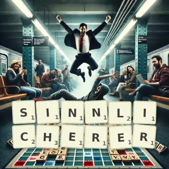 Kreative Illustration für ein Scrabble-Spiel, bei dem das Wort SINNLICHERER mit Steinen auf dem Brett gelegt wurde.