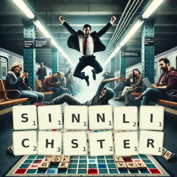 Kreative Illustration für ein Scrabble-Spiel, bei dem das Wort SINNLICHSTER mit Steinen auf dem Brett gelegt wurde.