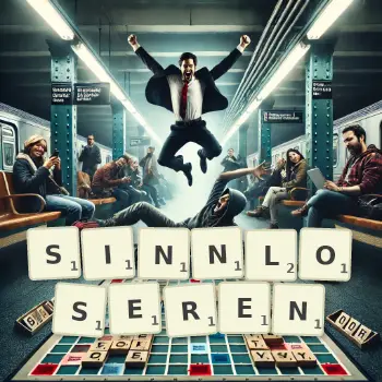 Kreative Illustration für ein Scrabble-Spiel, bei dem das Wort SINNLOSEREN mit Steinen auf dem Brett gelegt wurde.