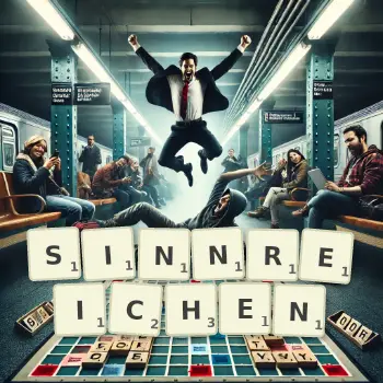 Kreative Illustration für ein Scrabble-Spiel, bei dem das Wort SINNREICHEN mit Steinen auf dem Brett gelegt wurde.