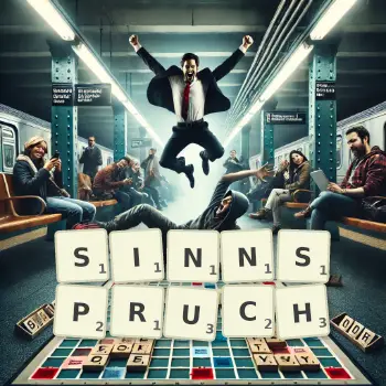 Kreative Illustration für ein Scrabble-Spiel, bei dem das Wort SINNSPRUCH mit Steinen auf dem Brett gelegt wurde.