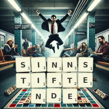 Kreative Illustration für ein Scrabble-Spiel, bei dem das Wort SINNSTIFTENDE mit Steinen auf dem Brett gelegt wurde.