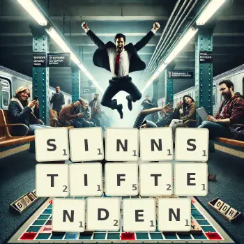 Kreative Illustration für ein Scrabble-Spiel, bei dem das Wort SINNSTIFTENDEN mit Steinen auf dem Brett gelegt wurde.