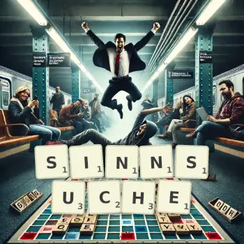 Kreative Illustration für ein Scrabble-Spiel, bei dem das Wort SINNSUCHE mit Steinen auf dem Brett gelegt wurde.