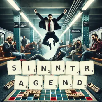 Kreative Illustration für ein Scrabble-Spiel, bei dem das Wort SINNTRAGEND mit Steinen auf dem Brett gelegt wurde.