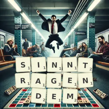 Kreative Illustration für ein Scrabble-Spiel, bei dem das Wort SINNTRAGENDEM mit Steinen auf dem Brett gelegt wurde.