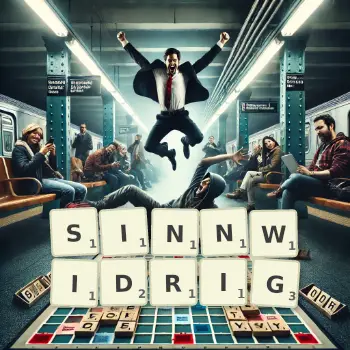 Kreative Illustration für ein Scrabble-Spiel, bei dem das Wort SINNWIDRIG mit Steinen auf dem Brett gelegt wurde.