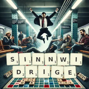 Kreative Illustration für ein Scrabble-Spiel, bei dem das Wort SINNWIDRIGE mit Steinen auf dem Brett gelegt wurde.