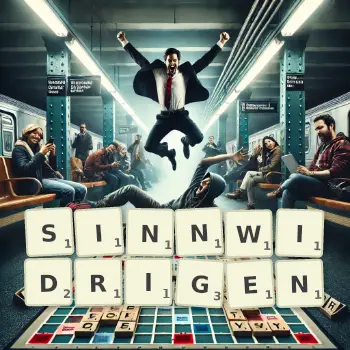 Kreative Illustration für ein Scrabble-Spiel, bei dem das Wort SINNWIDRIGEN mit Steinen auf dem Brett gelegt wurde.