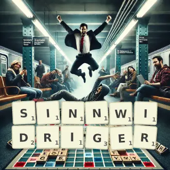 Kreative Illustration für ein Scrabble-Spiel, bei dem das Wort SINNWIDRIGER mit Steinen auf dem Brett gelegt wurde.