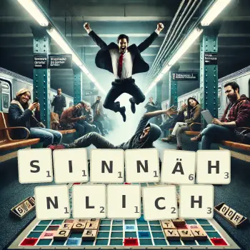 Kreative Illustration für ein Scrabble-Spiel, bei dem das Wort SINNÄHNLICH mit Steinen auf dem Brett gelegt wurde.