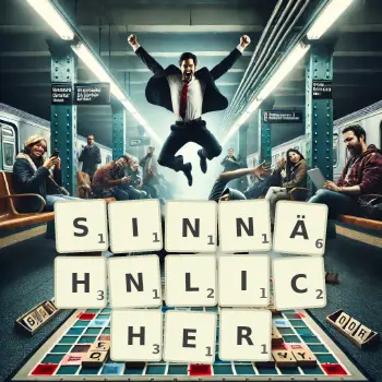Kreative Illustration für ein Scrabble-Spiel, bei dem das Wort SINNÄHNLICHER mit Steinen auf dem Brett gelegt wurde.