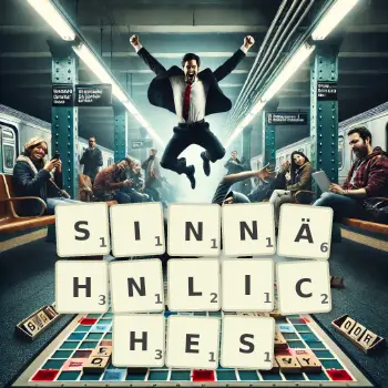 Kreative Illustration für ein Scrabble-Spiel, bei dem das Wort SINNÄHNLICHES mit Steinen auf dem Brett gelegt wurde.
