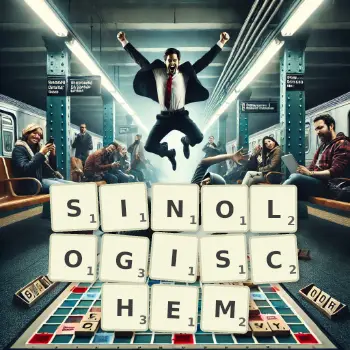 Kreative Illustration für ein Scrabble-Spiel, bei dem das Wort SINOLOGISCHEM mit Steinen auf dem Brett gelegt wurde.