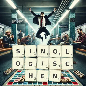 Kreative Illustration für ein Scrabble-Spiel, bei dem das Wort SINOLOGISCHEN mit Steinen auf dem Brett gelegt wurde.