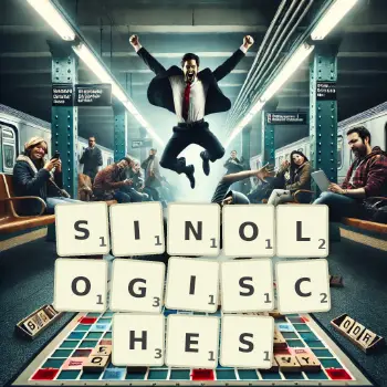 Kreative Illustration für ein Scrabble-Spiel, bei dem das Wort SINOLOGISCHES mit Steinen auf dem Brett gelegt wurde.