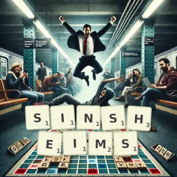 Kreative Illustration für ein Scrabble-Spiel, bei dem das Wort SINSHEIMS mit Steinen auf dem Brett gelegt wurde.