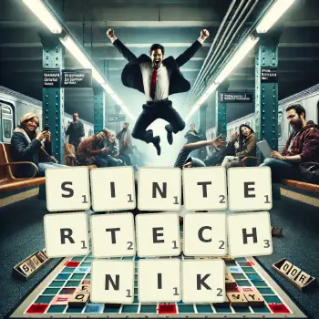 Kreative Illustration für ein Scrabble-Spiel, bei dem das Wort SINTERTECHNIK mit Steinen auf dem Brett gelegt wurde.