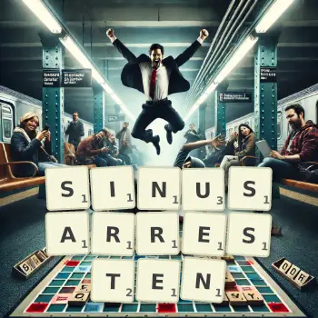 Kreative Illustration für ein Scrabble-Spiel, bei dem das Wort SINUSARRESTEN mit Steinen auf dem Brett gelegt wurde.