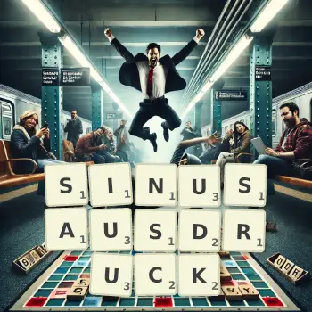 Kreative Illustration für ein Scrabble-Spiel, bei dem das Wort SINUSAUSDRUCK mit Steinen auf dem Brett gelegt wurde.