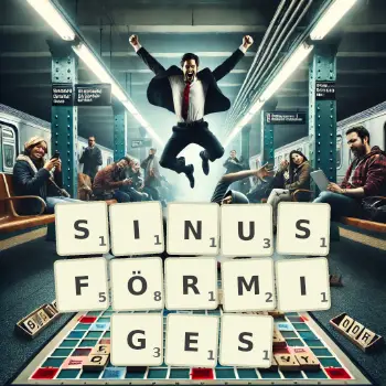 Kreative Illustration für ein Scrabble-Spiel, bei dem das Wort SINUSFÖRMIGES mit Steinen auf dem Brett gelegt wurde.