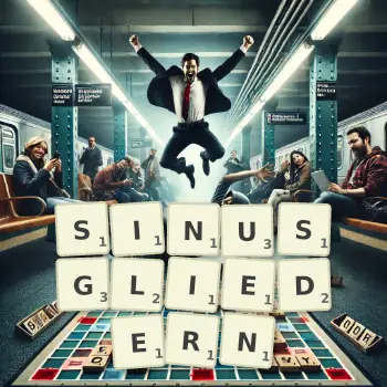 Kreative Illustration für ein Scrabble-Spiel, bei dem das Wort SINUSGLIEDERN mit Steinen auf dem Brett gelegt wurde.