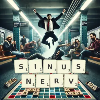 Kreative Illustration für ein Scrabble-Spiel, bei dem das Wort SINUSNERV mit Steinen auf dem Brett gelegt wurde.