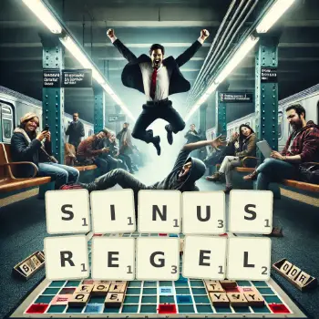 Kreative Illustration für ein Scrabble-Spiel, bei dem das Wort SINUSREGEL mit Steinen auf dem Brett gelegt wurde.