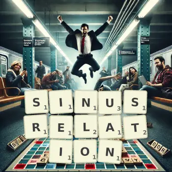 Kreative Illustration für ein Scrabble-Spiel, bei dem das Wort SINUSRELATION mit Steinen auf dem Brett gelegt wurde.
