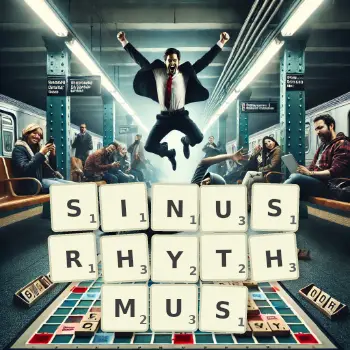 Kreative Illustration für ein Scrabble-Spiel, bei dem das Wort SINUSRHYTHMUS mit Steinen auf dem Brett gelegt wurde.