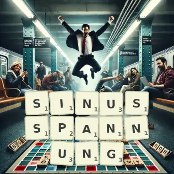 Kreative Illustration für ein Scrabble-Spiel, bei dem das Wort SINUSSPANNUNG mit Steinen auf dem Brett gelegt wurde.