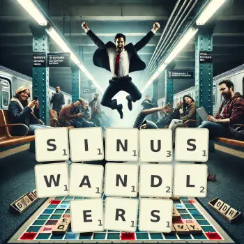 Kreative Illustration für ein Scrabble-Spiel, bei dem das Wort SINUSWANDLERS mit Steinen auf dem Brett gelegt wurde.