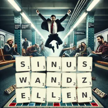 Kreative Illustration für ein Scrabble-Spiel, bei dem das Wort SINUSWANDZELLEN mit Steinen auf dem Brett gelegt wurde.