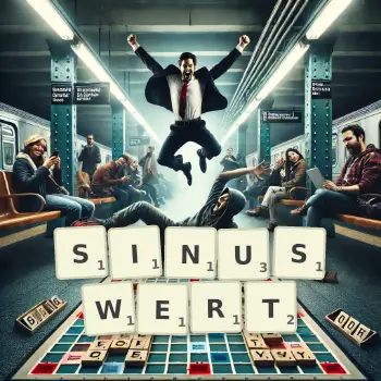 Kreative Illustration für ein Scrabble-Spiel, bei dem das Wort SINUSWERT mit Steinen auf dem Brett gelegt wurde.
