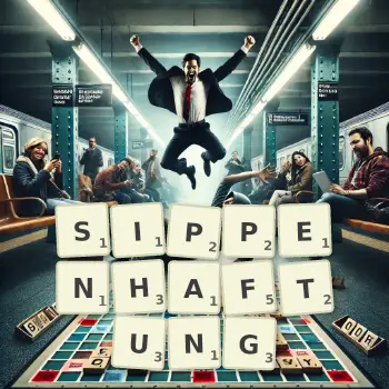 Kreative Illustration für ein Scrabble-Spiel, bei dem das Wort SIPPENHAFTUNG mit Steinen auf dem Brett gelegt wurde.