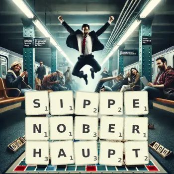 Kreative Illustration für ein Scrabble-Spiel, bei dem das Wort SIPPENOBERHAUPT mit Steinen auf dem Brett gelegt wurde.